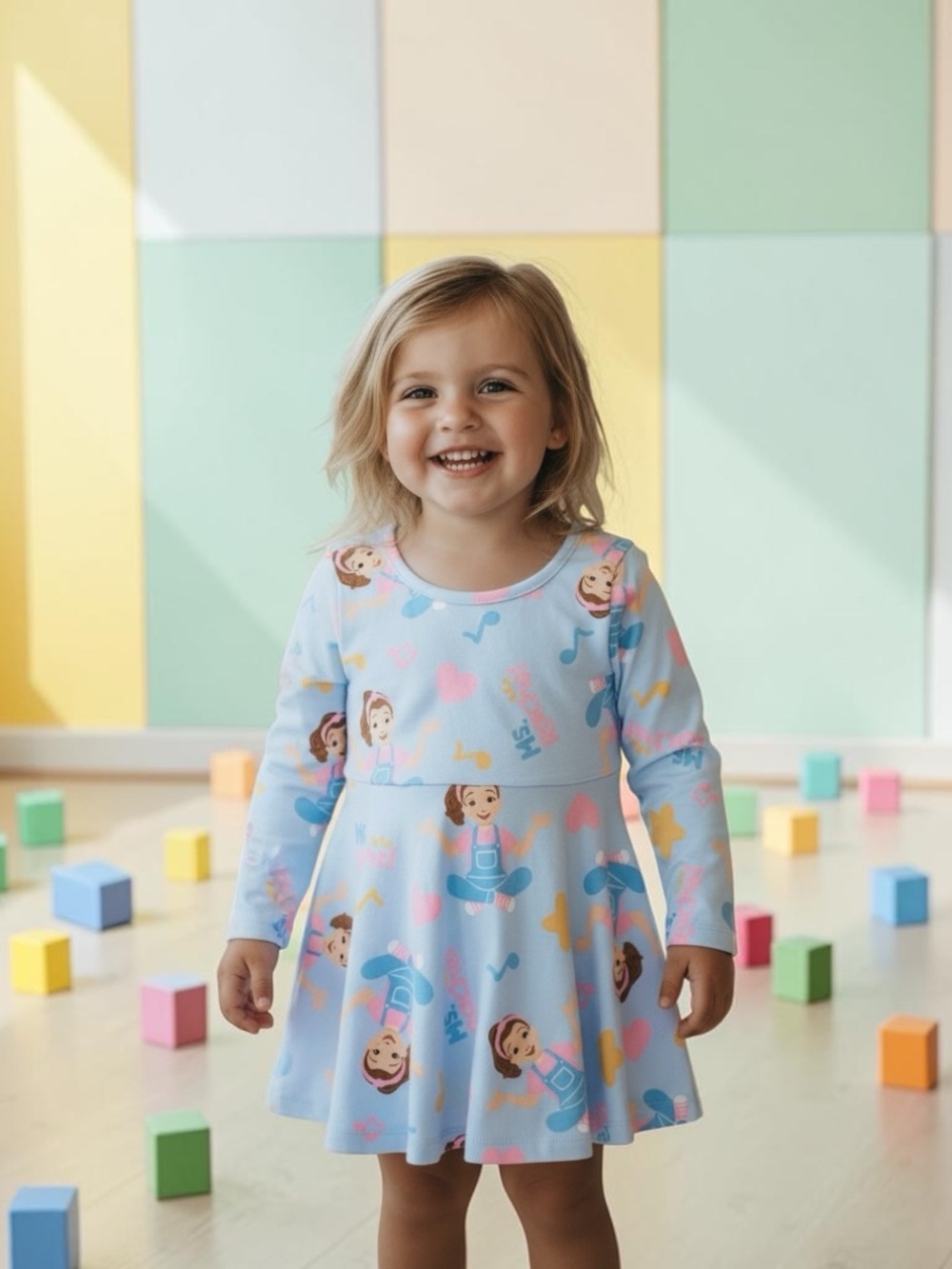 Ms. Rachel Light Blue Whimsical And Heart Print Long-Sleeve Twirl Dress